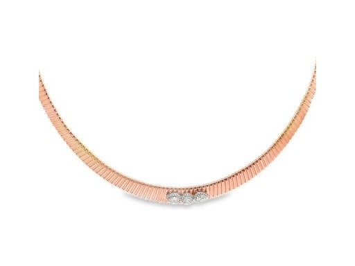 18K Rose Gold Flexible Necklace with Two Pear-Cut and One Round Natural Diamond, Accented by Pavé-Set Round Diamonds